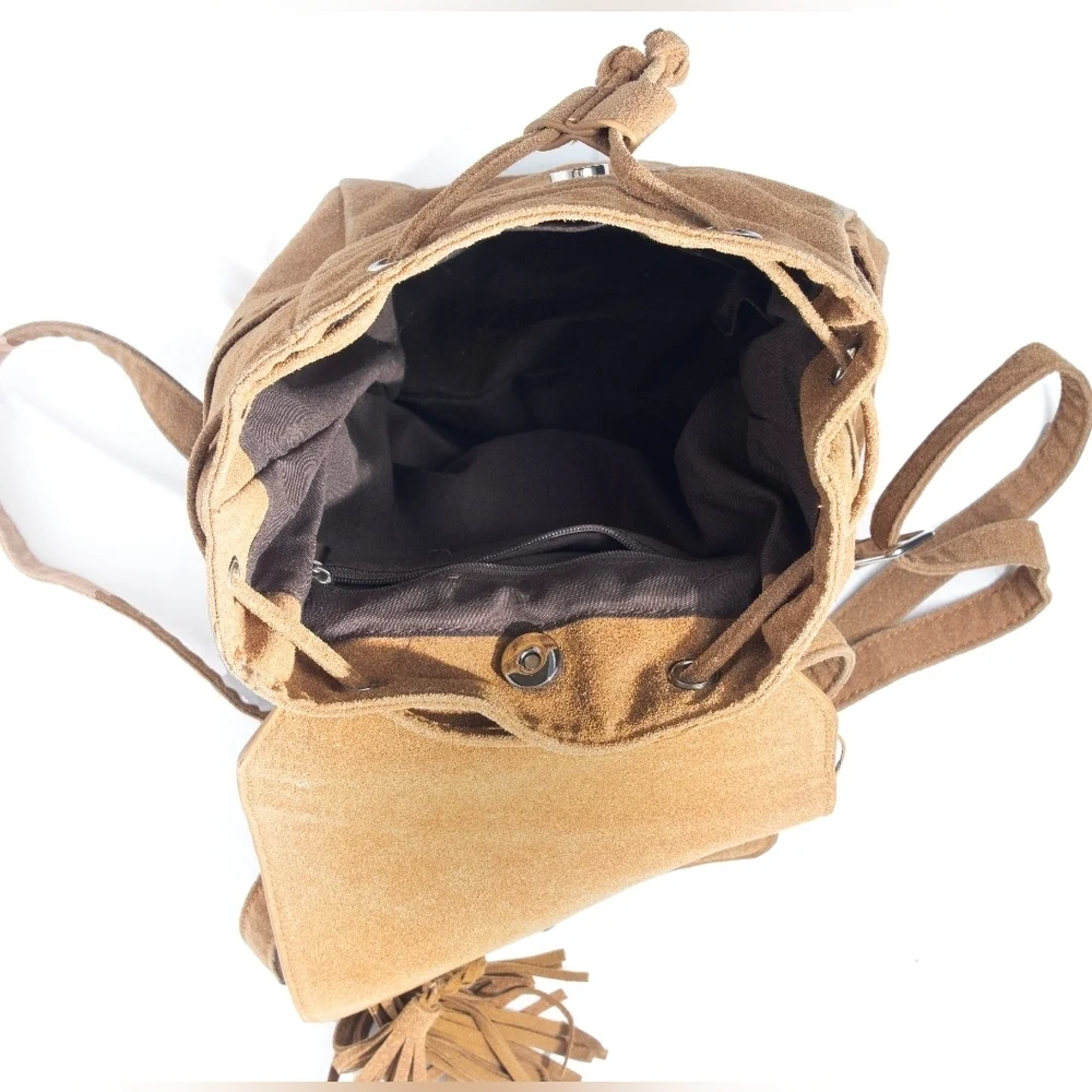 Elegant Tan Suede Backpack with Tassel Accents